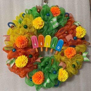 Colorful Mesh Wreath with Hello Sign